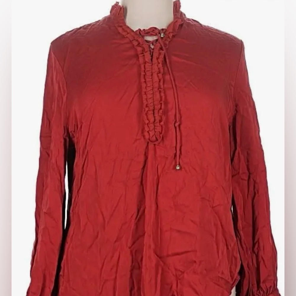 Chico’s Cranberry Red Ruffle Collar Peasant Style Top EUC Chico’s 4 fits small